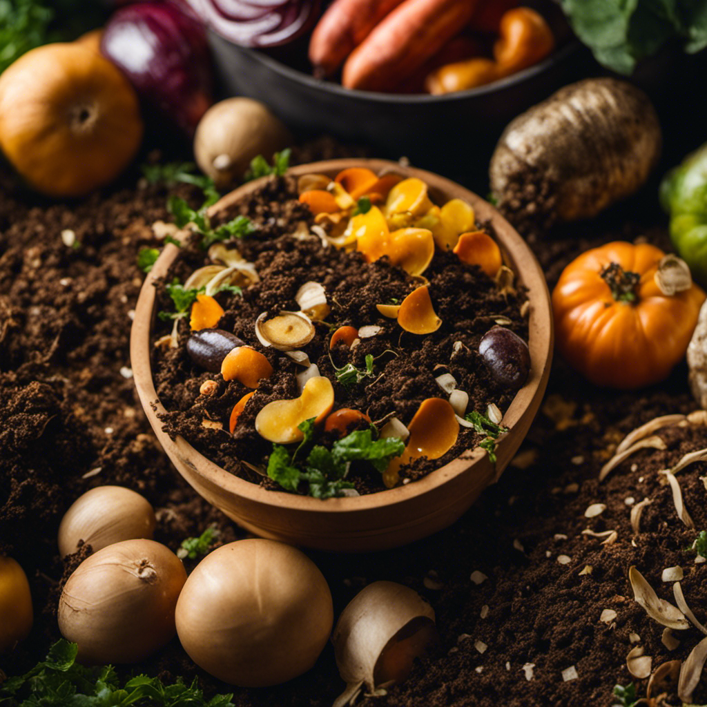 An image showcasing the Bokashi composting method: a vibrant, lush organic farm with a dedicated composting area