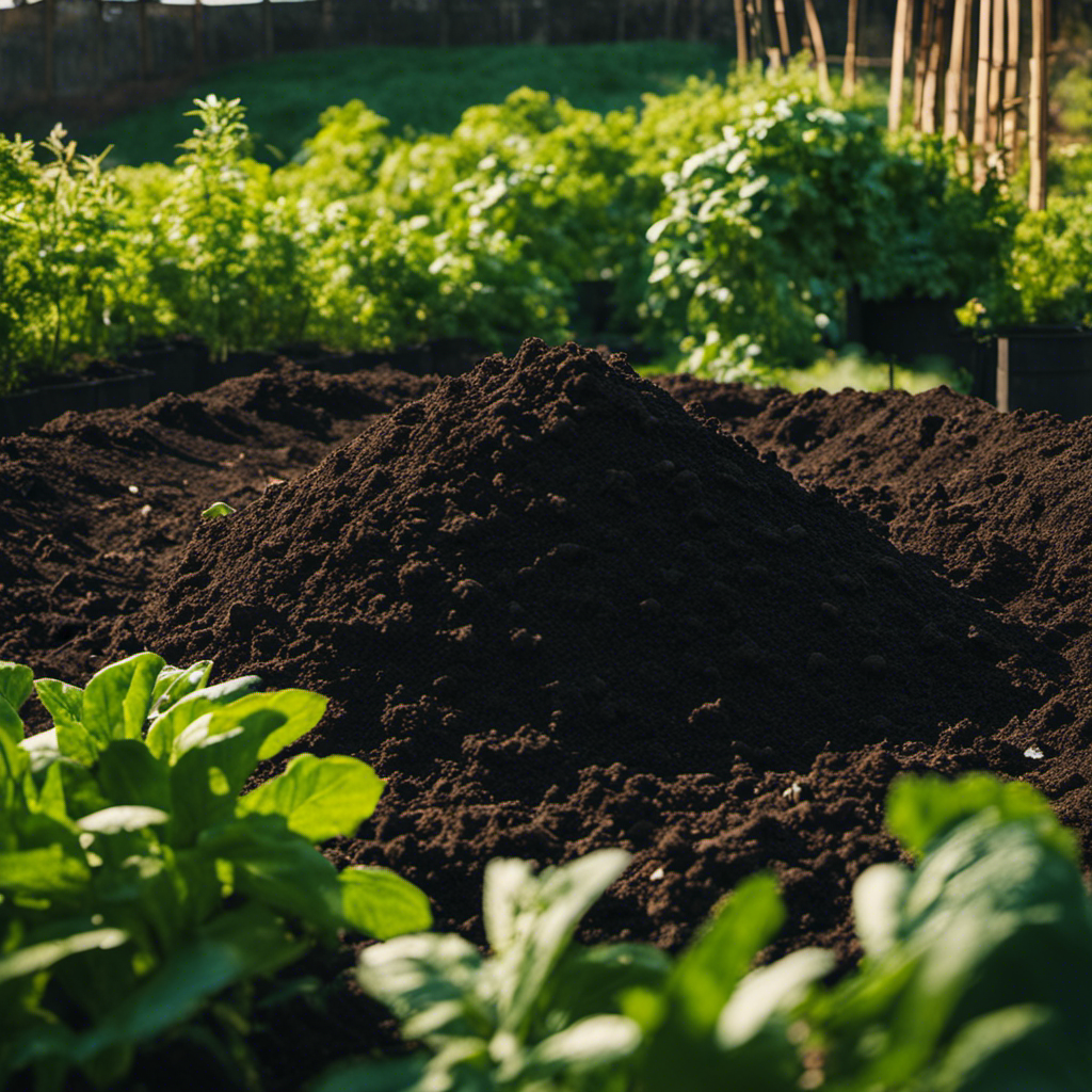 An image depicting a lush, thriving organic farm with a compost pile at its center