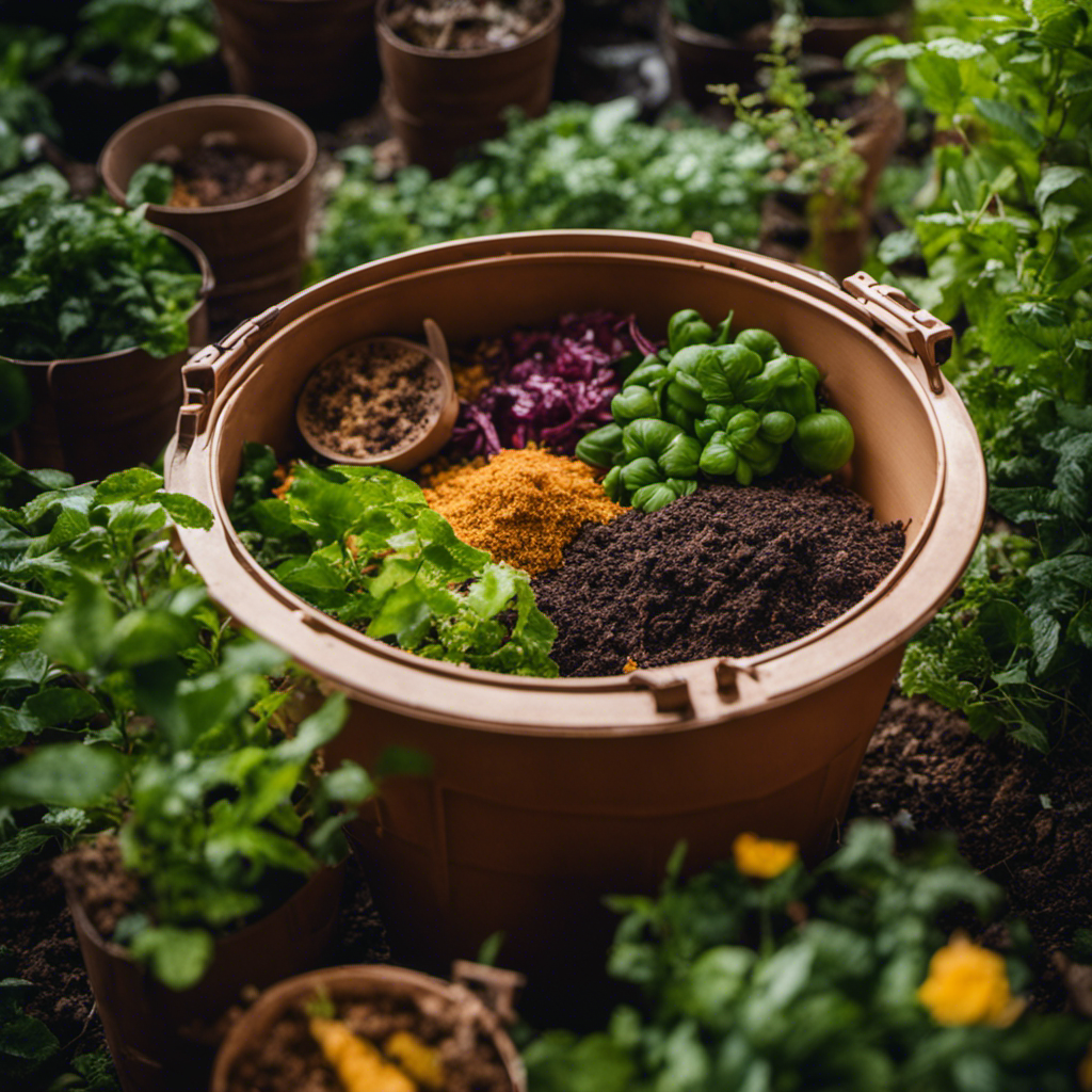 An image showcasing the intricate process of Bokashi Composting: a bucket filled with a mix of fermented food scraps, sawdust, and beneficial microorganisms, emitting a rich earthy aroma, surrounded by vibrant green plants flourishing from the compost