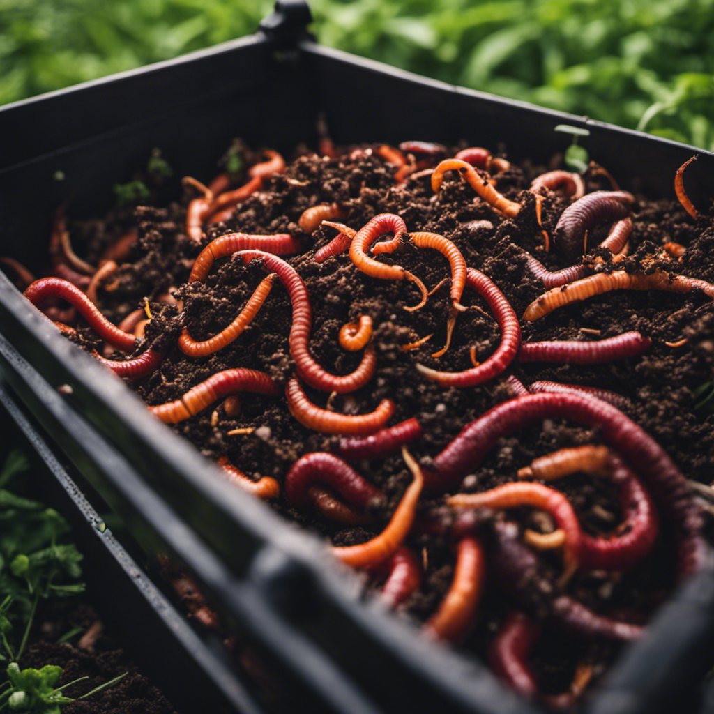 An image showcasing a thriving vermicomposting system on an organic farm, with a close-up view of red wiggler worms diligently breaking down kitchen scraps in a compost bin filled with rich, dark, and crumbly humus