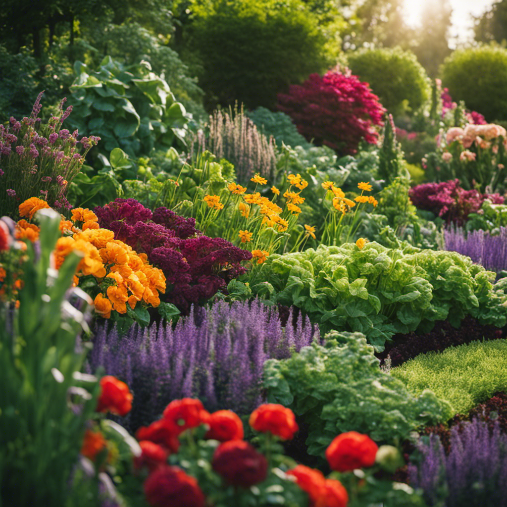 An image showcasing a lush garden bed, filled with vibrant flowers, vegetables, and herbs intermingled harmoniously