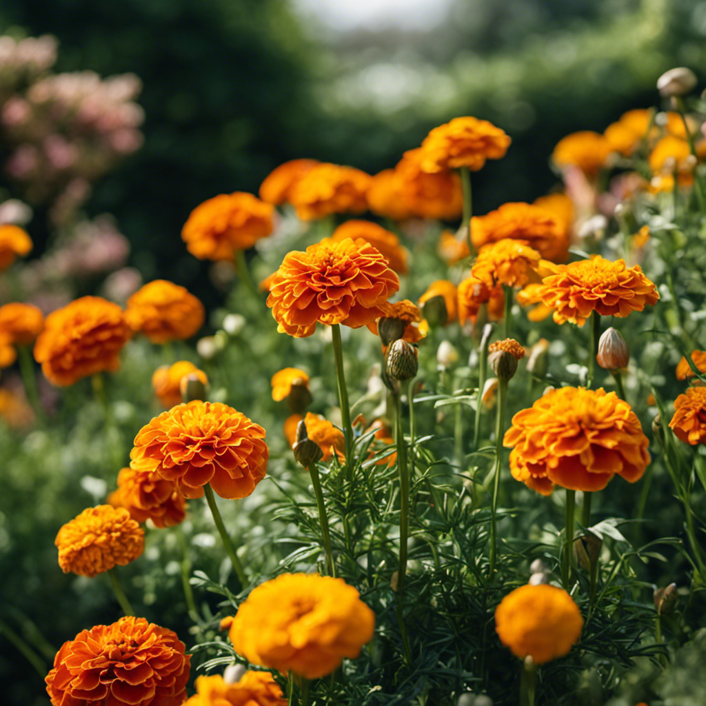 An image showcasing a lush garden with strategically placed marigold flowers and garlic bulbs acting as natural repellents, warding off pests