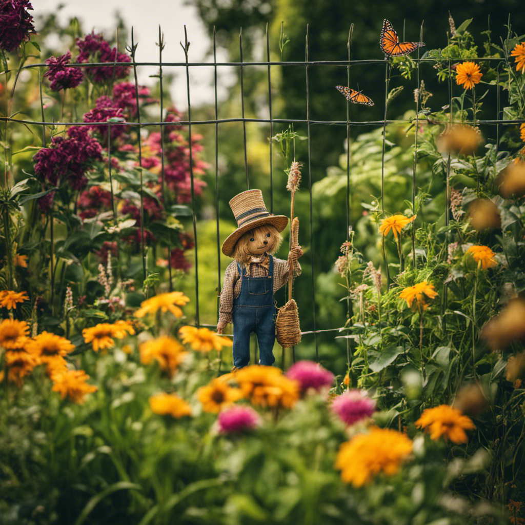 An image depicting a lush garden enclosed by a sturdy fence, adorned with netting to deter pests