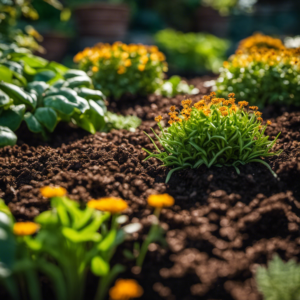 An image showcasing a lush garden bed with a variety of vibrant plants thriving in nutrient-rich soil