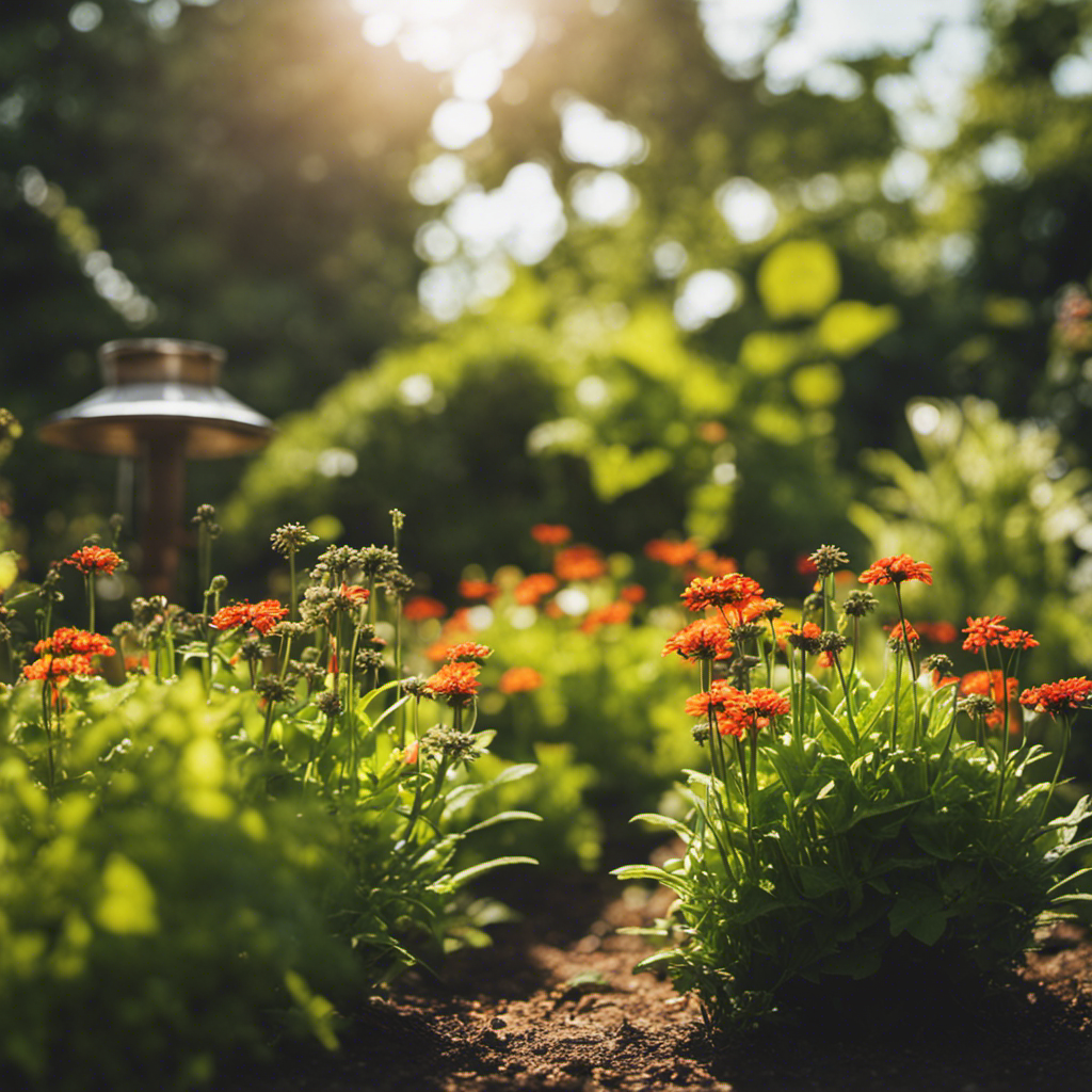 An image featuring a thriving garden surrounded by natural barriers like fences, companion plants, and bird feeders