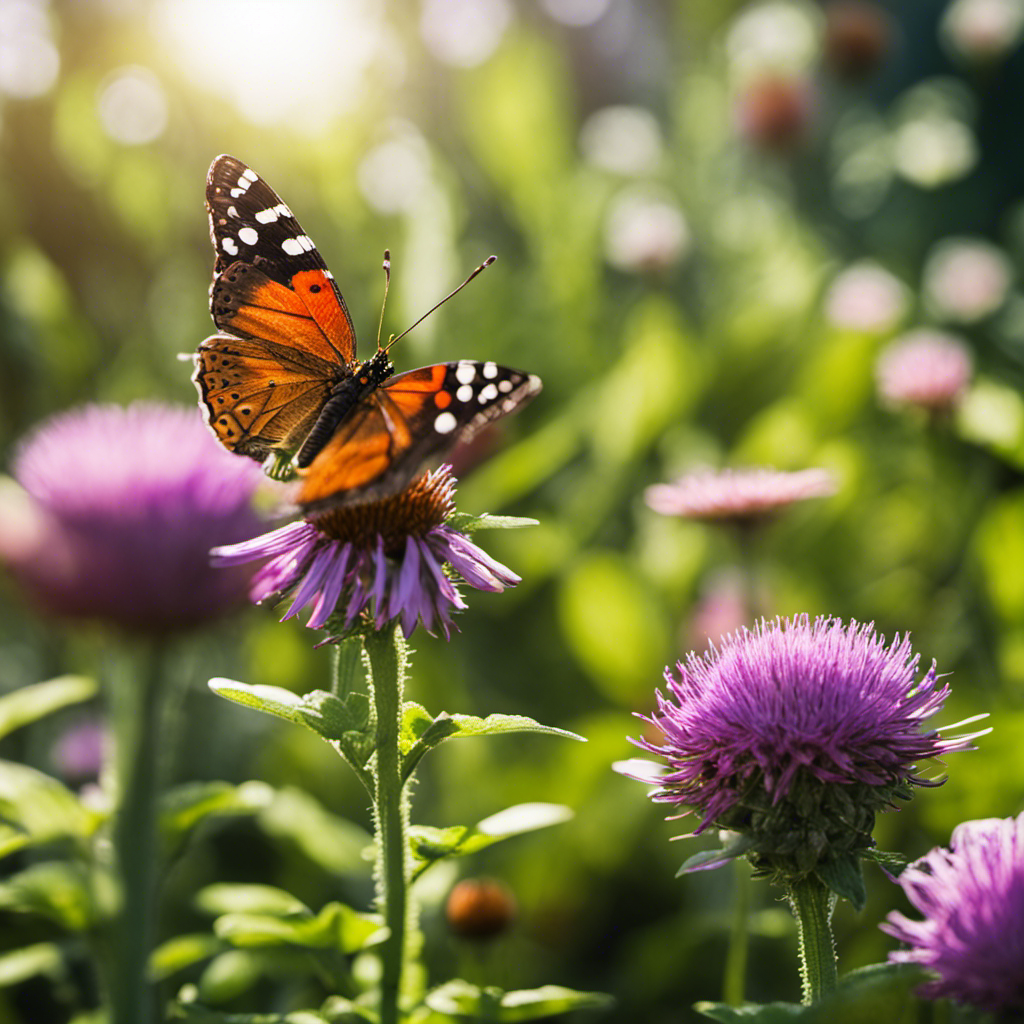 An image showcasing a lush, green garden thriving with healthy plants, while butterflies, ladybugs, and bees peacefully coexist