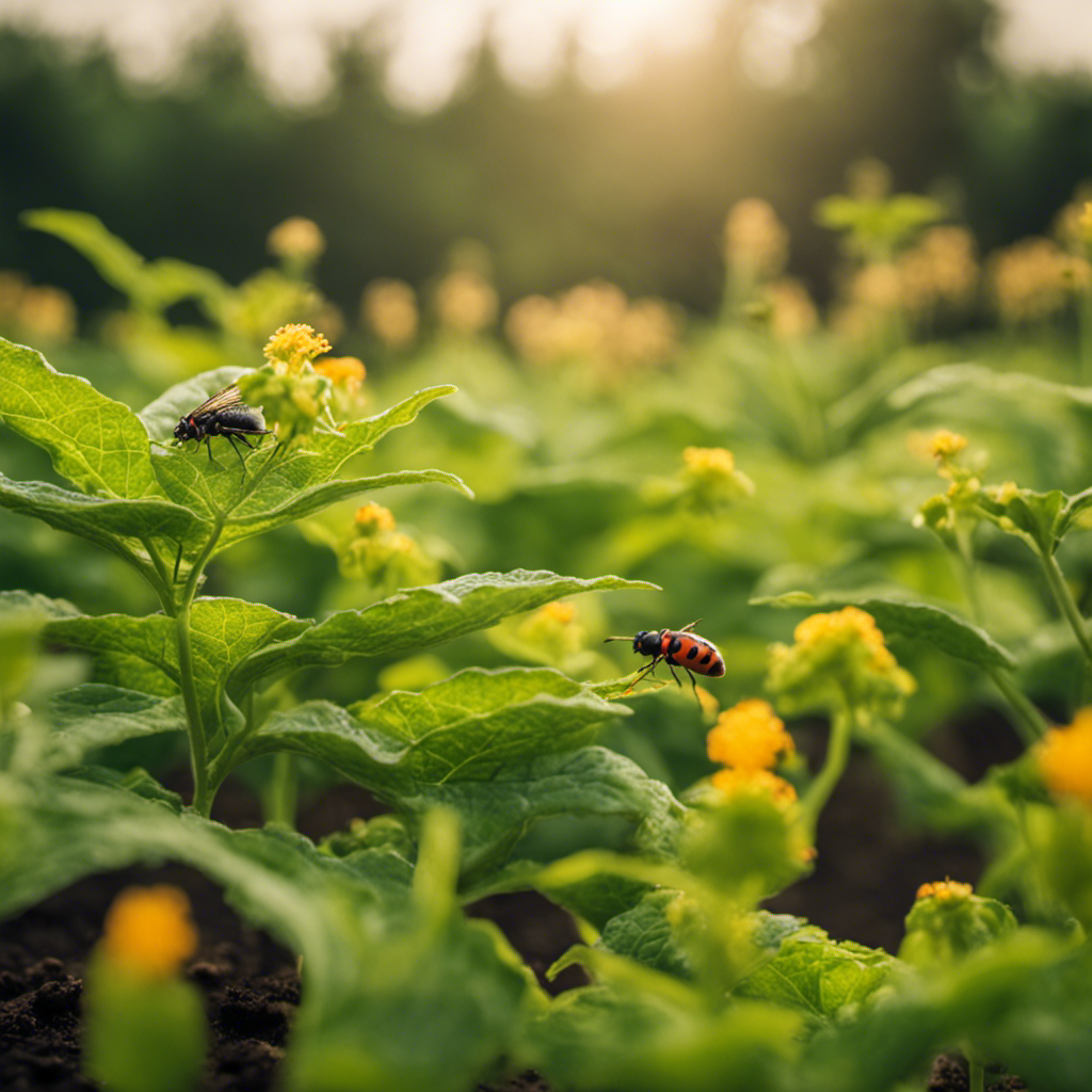 An image showcasing a lush organic farm with a harmonious blend of crops and beneficial insects