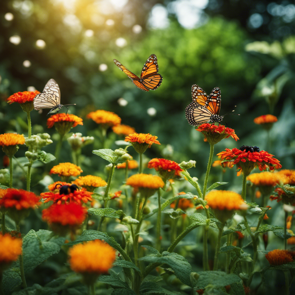 An image depicting a lush, thriving garden, surrounded by a vibrant ecosystem of butterflies, ladybugs, and bees