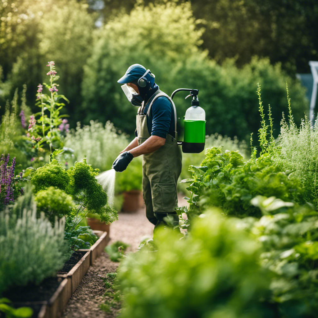 An image showcasing a gardener confidently spraying a homemade insecticidal spray on a thriving herb garden, with vibrant green herbs standing tall amidst the controlled pests, emphasizing the effectiveness of authentic pest control strategies