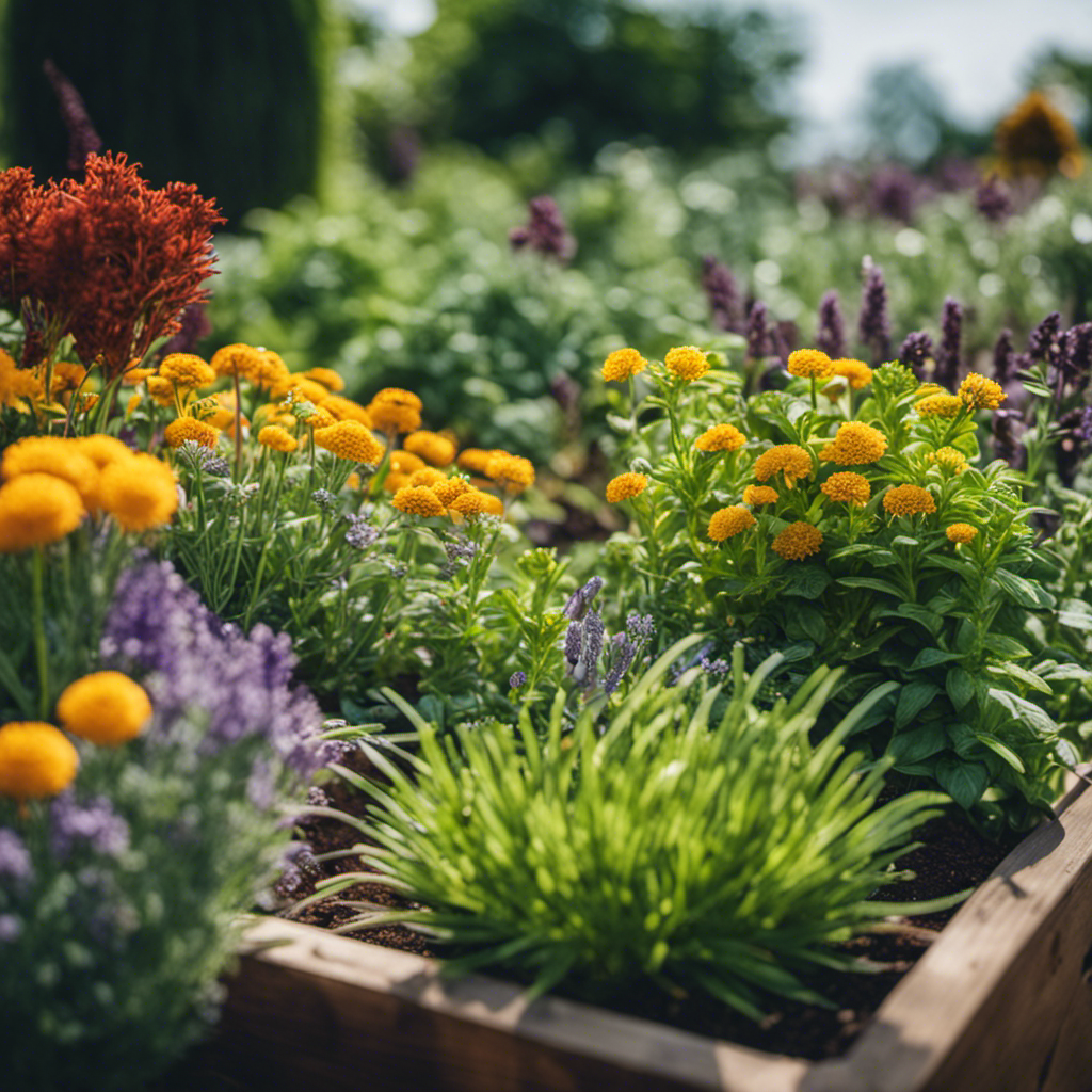 An image showcasing a diverse garden bed filled with vibrant herbs like basil, rosemary, and marigold, surrounded by insect-repelling companion plants such as lavender, mint, and chives