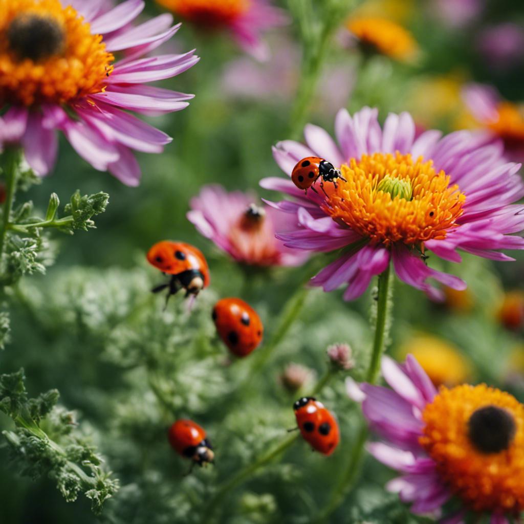 An image showcasing a lush herb garden teeming with vibrant flowers, where ladybugs delicately feast on aphids, while bees pollinate nearby