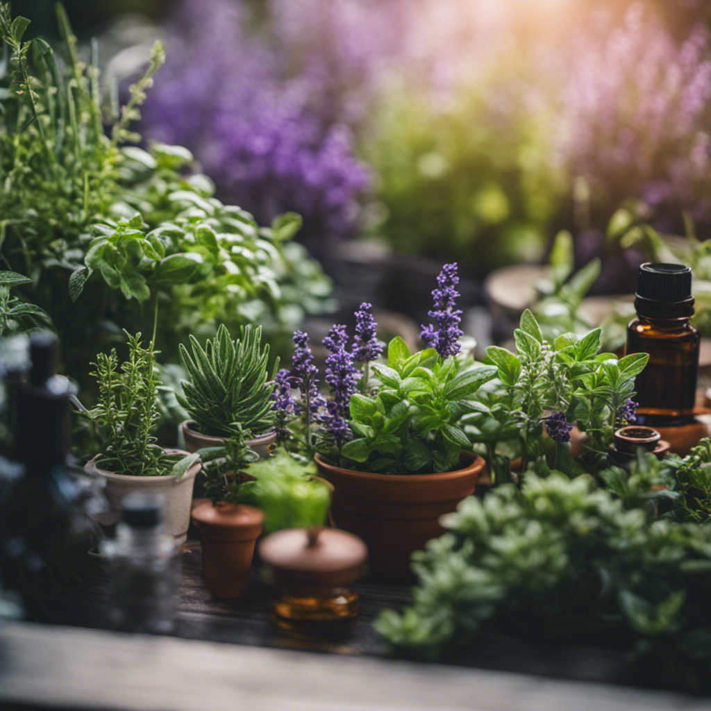 An image showcasing a lush herb garden filled with vibrant plants and surrounded by essential oil bottles