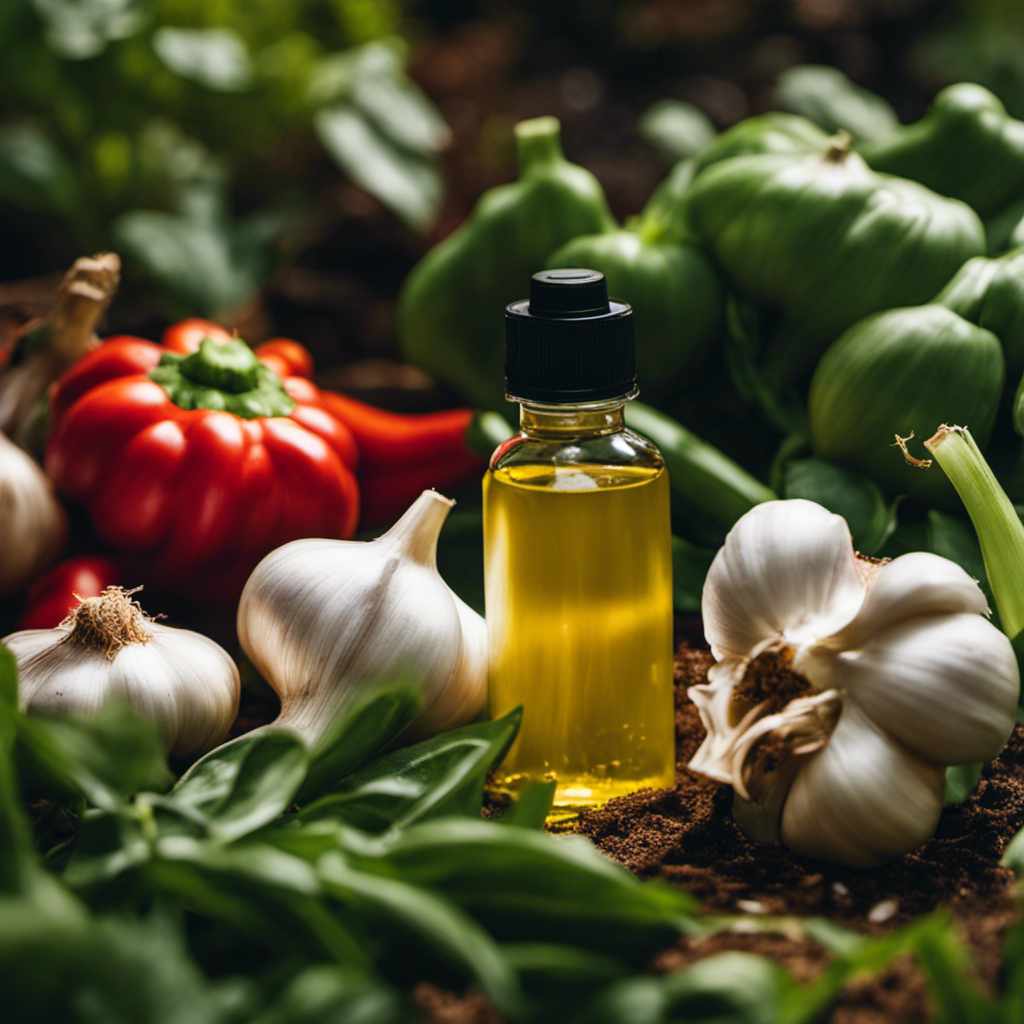 An image depicting a lush garden scene with a spray bottle filled with a vibrant homemade garlic and pepper pest spray, surrounded by fresh garlic cloves, crushed peppers, and a variety of organic pest-repelling plants