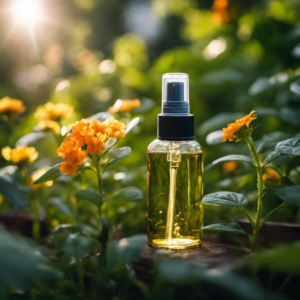 An image showcasing a serene garden scene, where a spray bottle filled with a blend of aromatic essential oils is being used to repel pests from plants