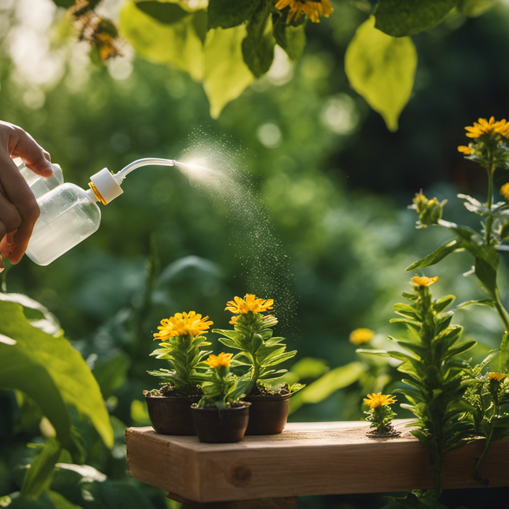 An image of a lush garden with vibrant green leaves, delicate flowers, and buzzing bees