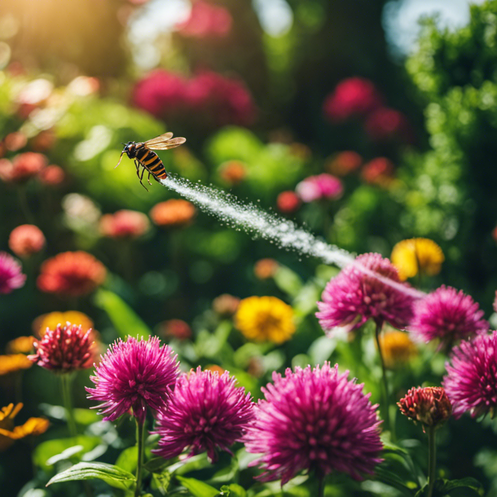 An image showcasing a lush, thriving garden, where a gardener sprays a homemade insecticidal spray made from essential oils onto vibrant flowers, deterring pests naturally