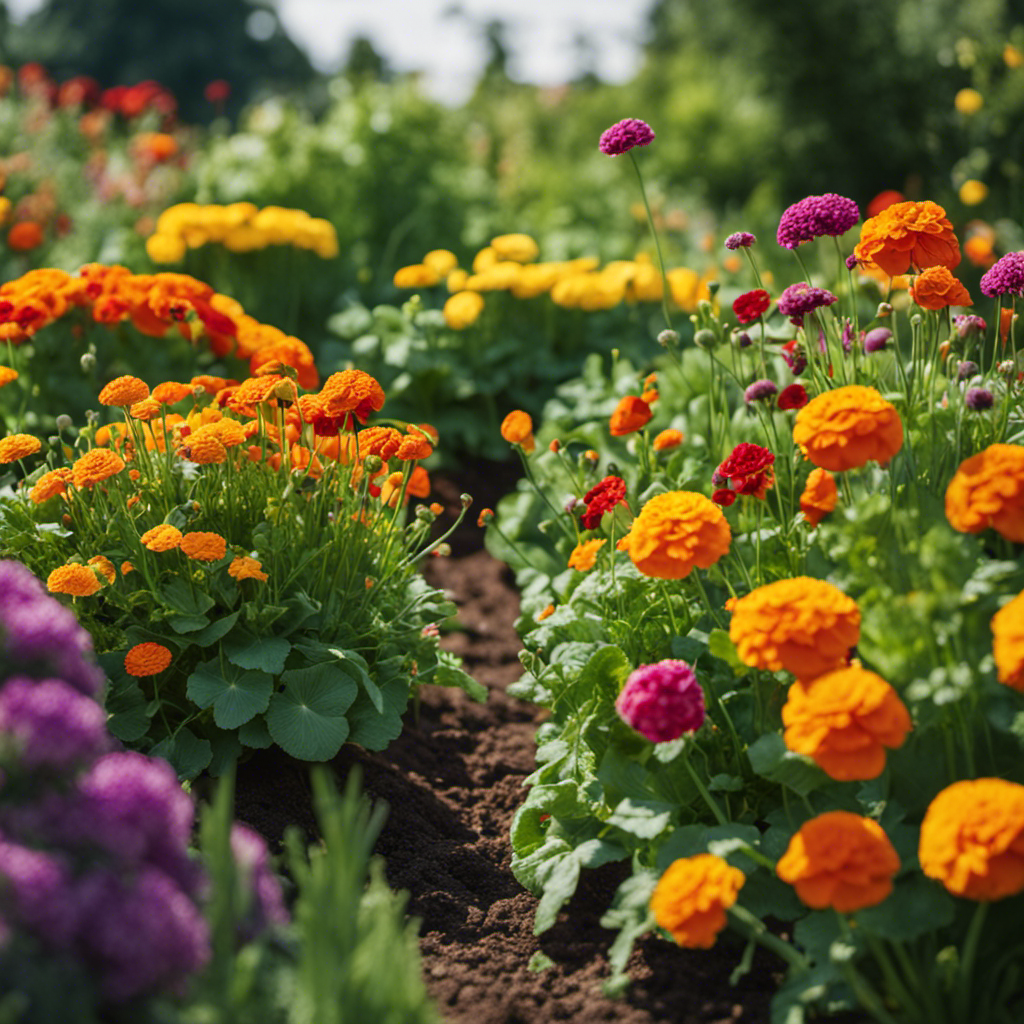 An image showcasing a lush vegetable garden with marigolds, chives, and nasturtiums interplanted among the crops