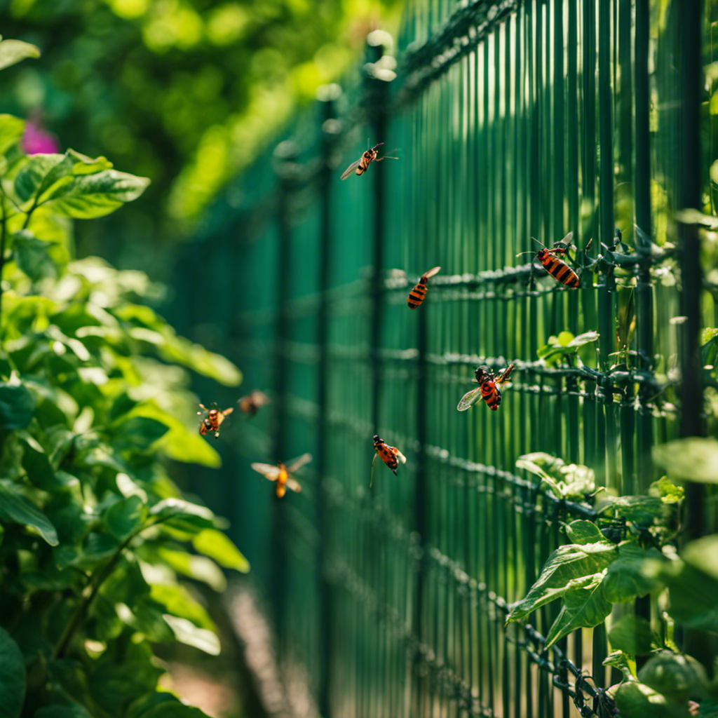 Ate an image of a lush garden surrounded by a sturdy wire mesh fence, with intricate metal gates adorned with climbing plants