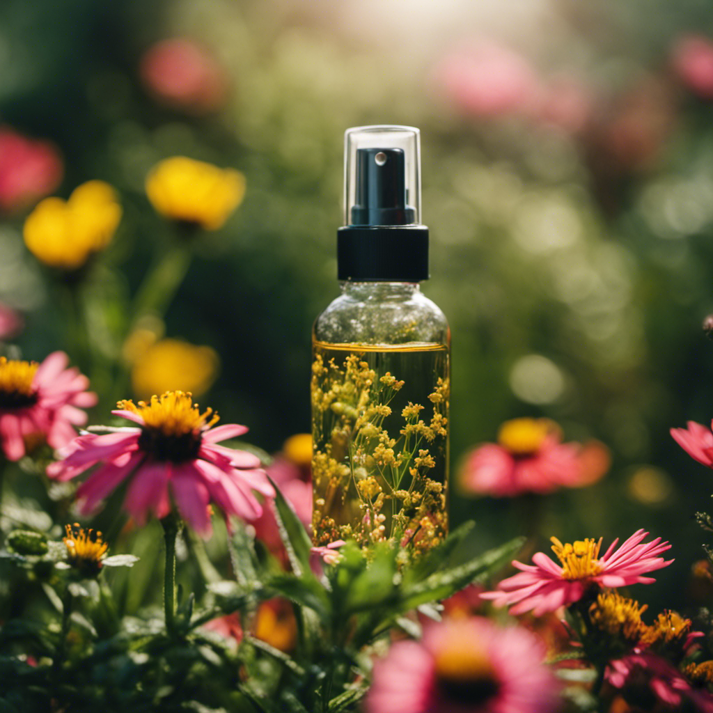 An image showcasing a lush garden with vibrant flowers and herbs, surrounded by buzzing insects