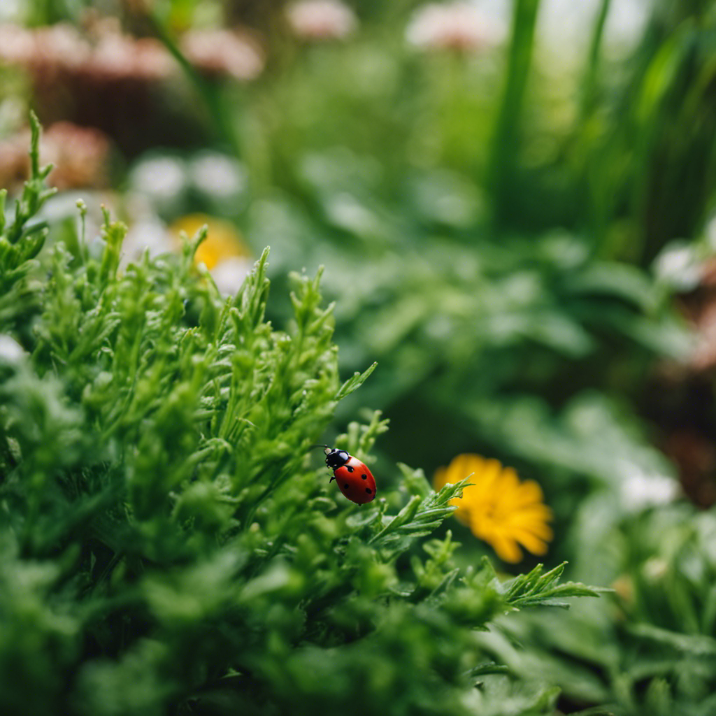 An image showcasing a lush, thriving organic garden with vibrant plants, surrounded by homemade remedies like garlic spray, neem oil, and ladybugs