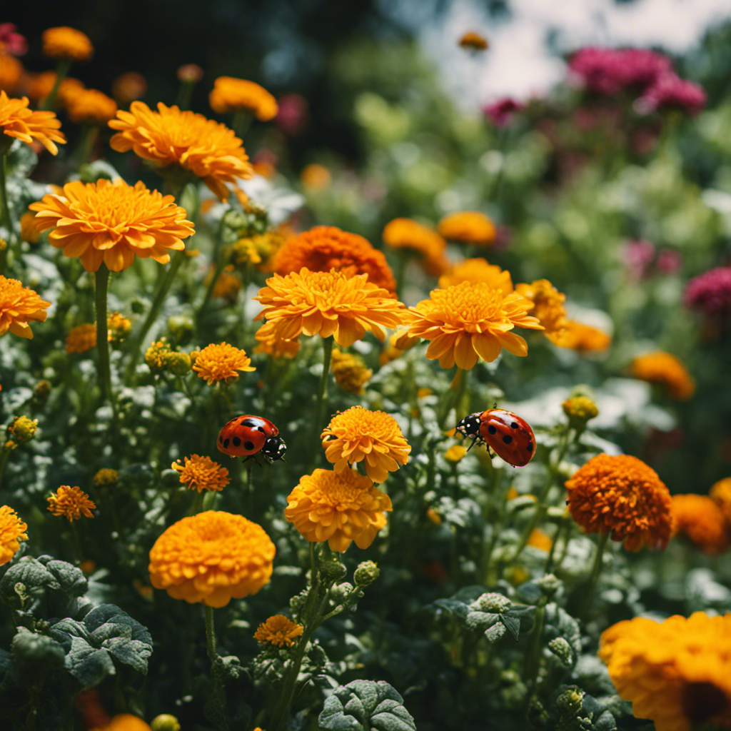 An image showcasing a lush, thriving organic garden, teeming with ladybugs delicately devouring aphids, while marigolds and chrysanthemums repel pests