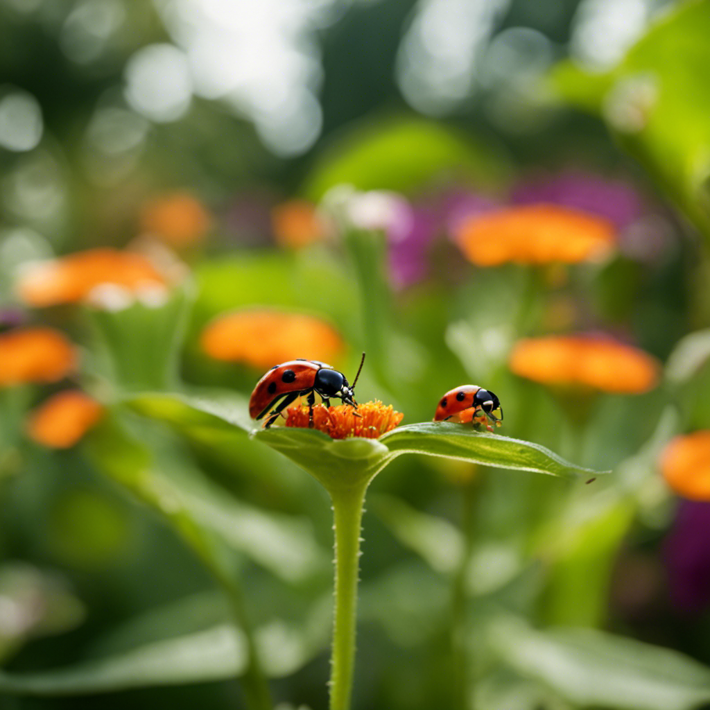 An image showcasing a lush organic garden surrounded by companion plants, with ladybugs and praying mantises patrolling the vibrant beds