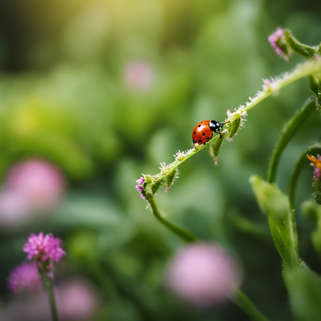 An image showcasing a lush organic garden with ladybugs delicately perched on plants, while a praying mantis lurks nearby, exemplifying the essential organic pest control methods that banish bugs naturally