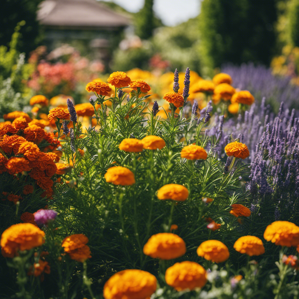 An image showcasing a lush organic garden with a variety of vibrant and aromatic pest-repelling plants, such as marigolds, lavender, and rosemary, surrounding a bountiful vegetable patch