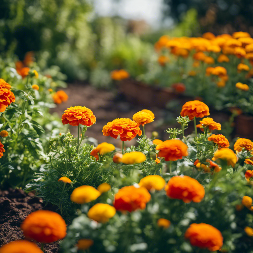 An image showcasing a vibrant garden bed with marigolds blooming alongside tomato plants, repelling pests naturally