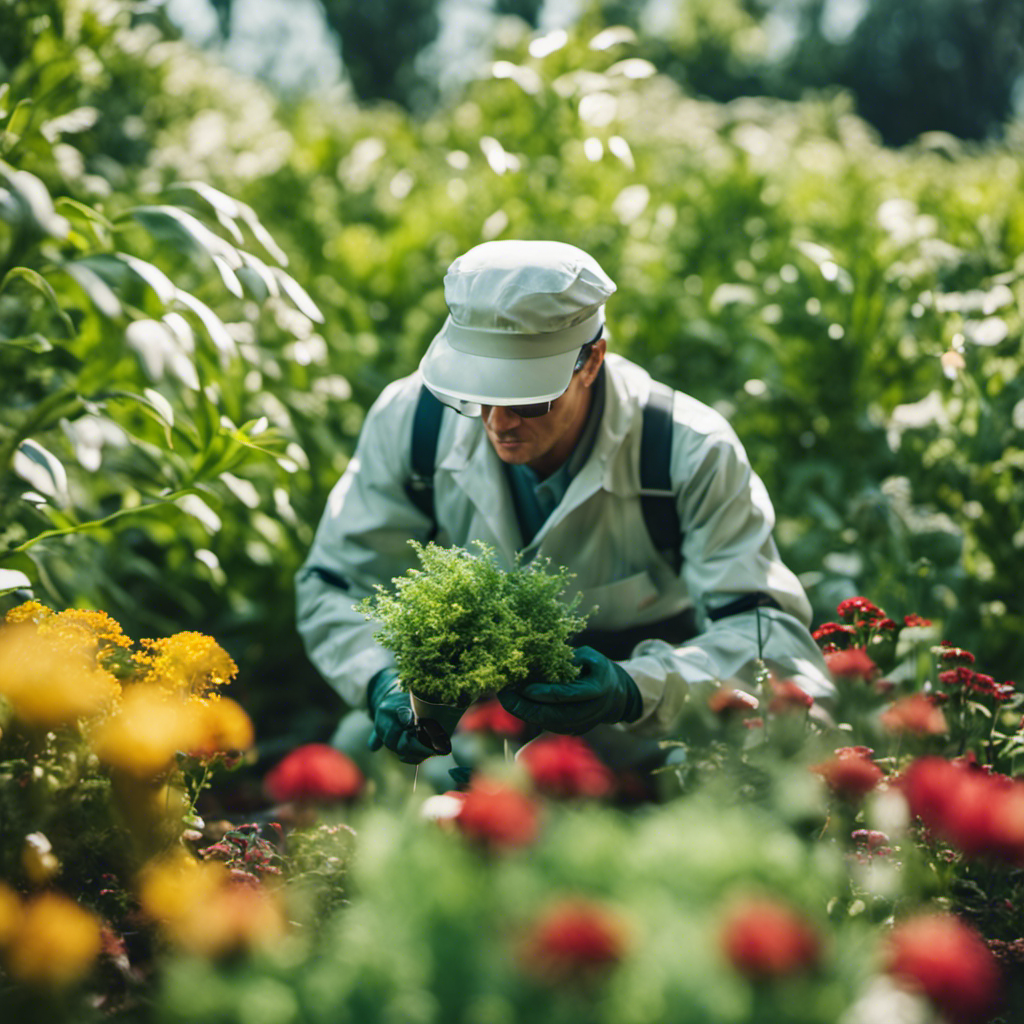 An image of a gardener in protective clothing, inspecting plants with a magnifying glass