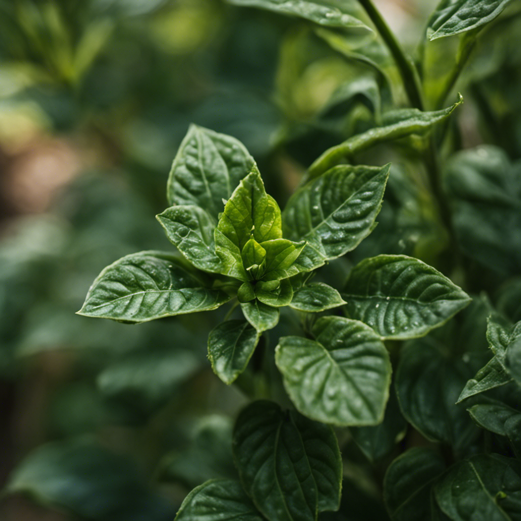 An image showcasing a close-up of a healthy plant with clear signs of pest damage, such as chewed leaves, small holes, or webs