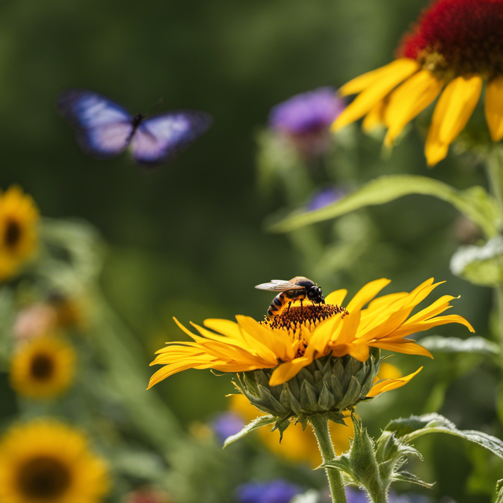 An image showcasing a lush garden filled with vibrant wildflowers, buzzing with bees and fluttering with colorful butterflies