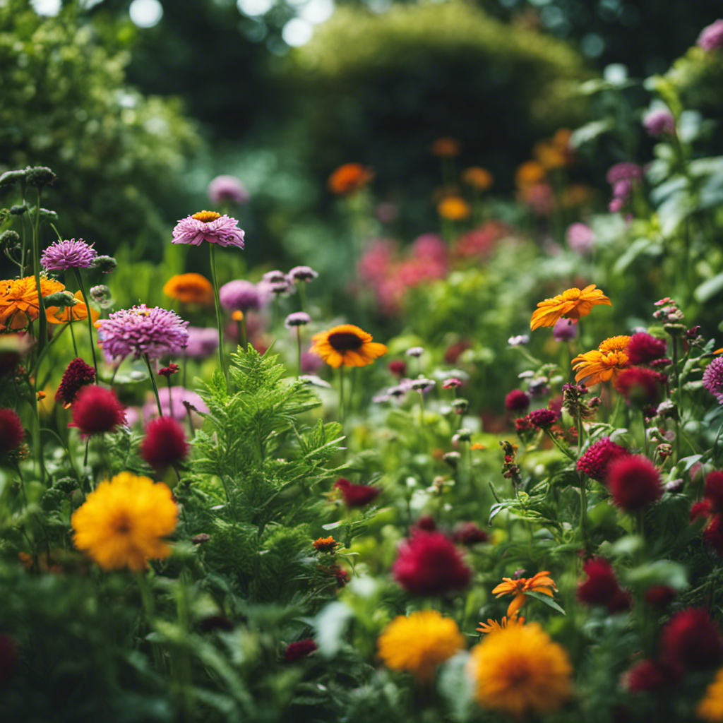 An image featuring a vibrant garden filled with a diverse array of harmoniously interwoven plants, showcasing the concept of companion planting