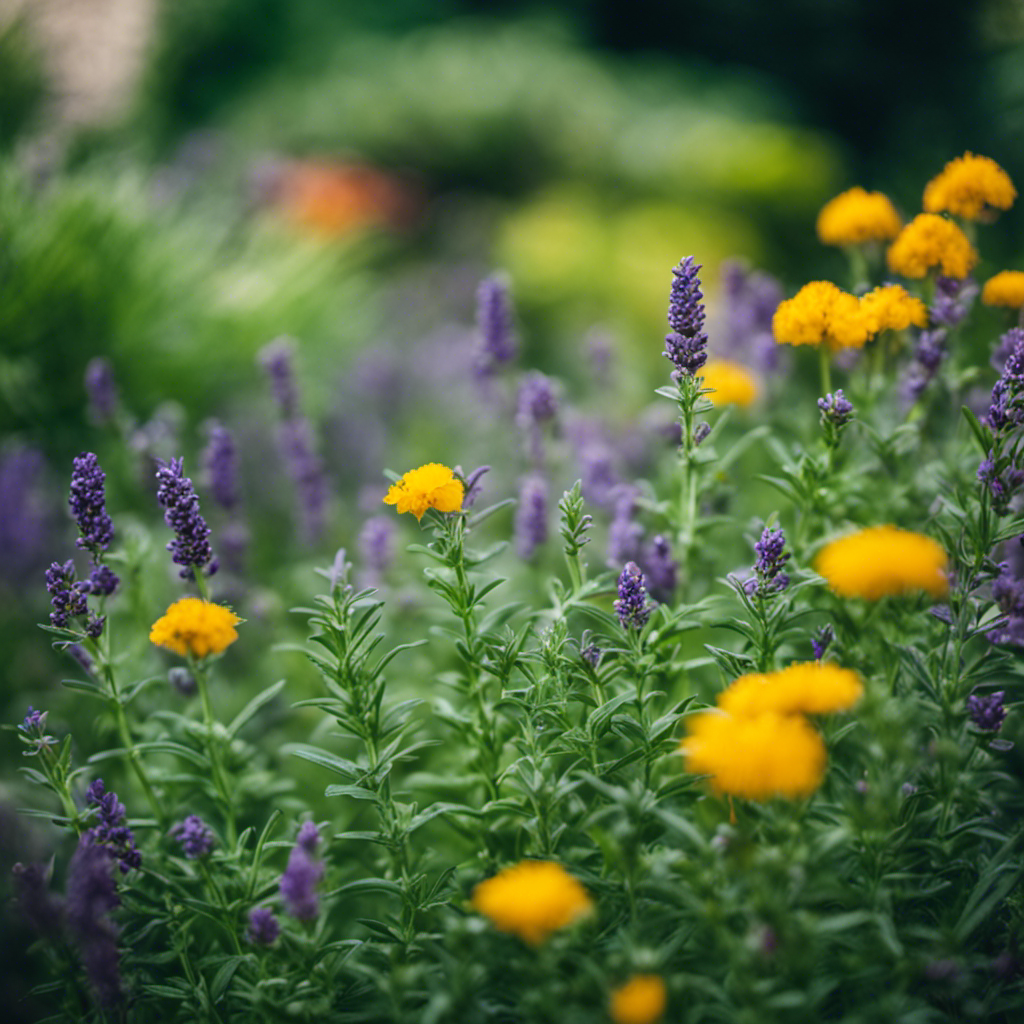 An image showcasing a lush garden surrounded by aromatic herbs like lavender, rosemary, and mint