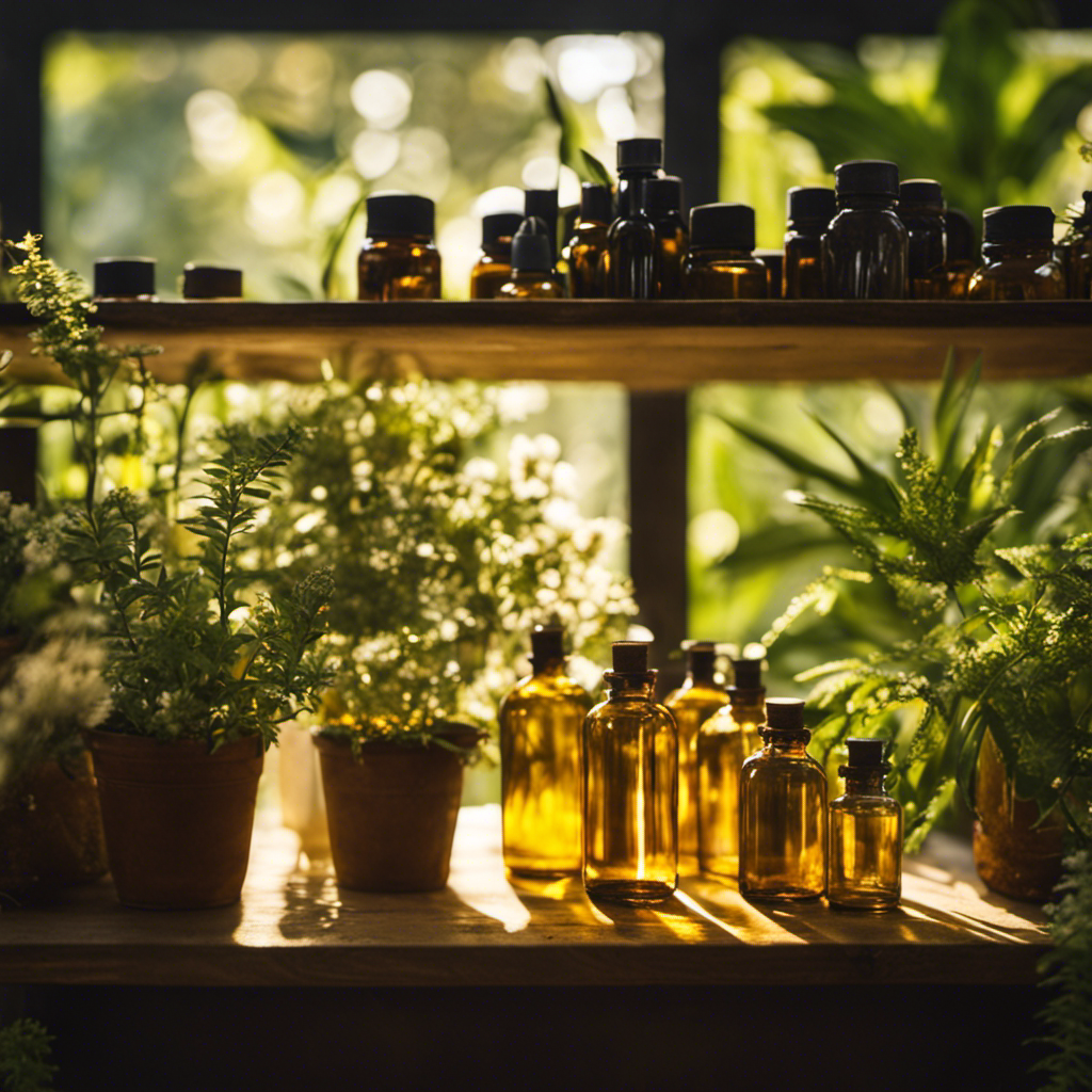 An image of a lush garden bathed in golden sunlight, where homemade sprays are showcased