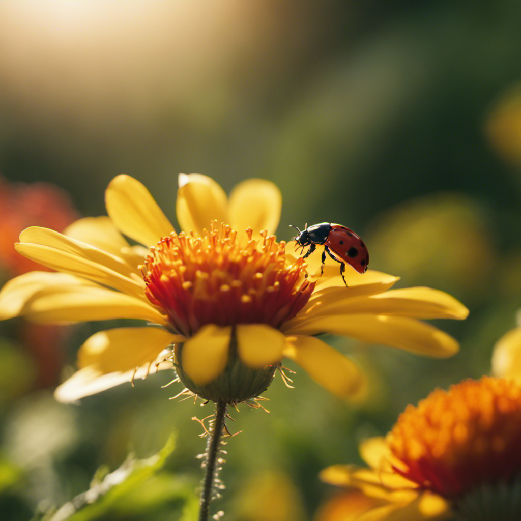 An image showcasing a lush garden bathed in golden sunlight, with ladybugs delicately perched on vibrant flowers, while lacewings gracefully hover in the background, illustrating the harmonious coexistence of beneficial insects and bountiful harvests