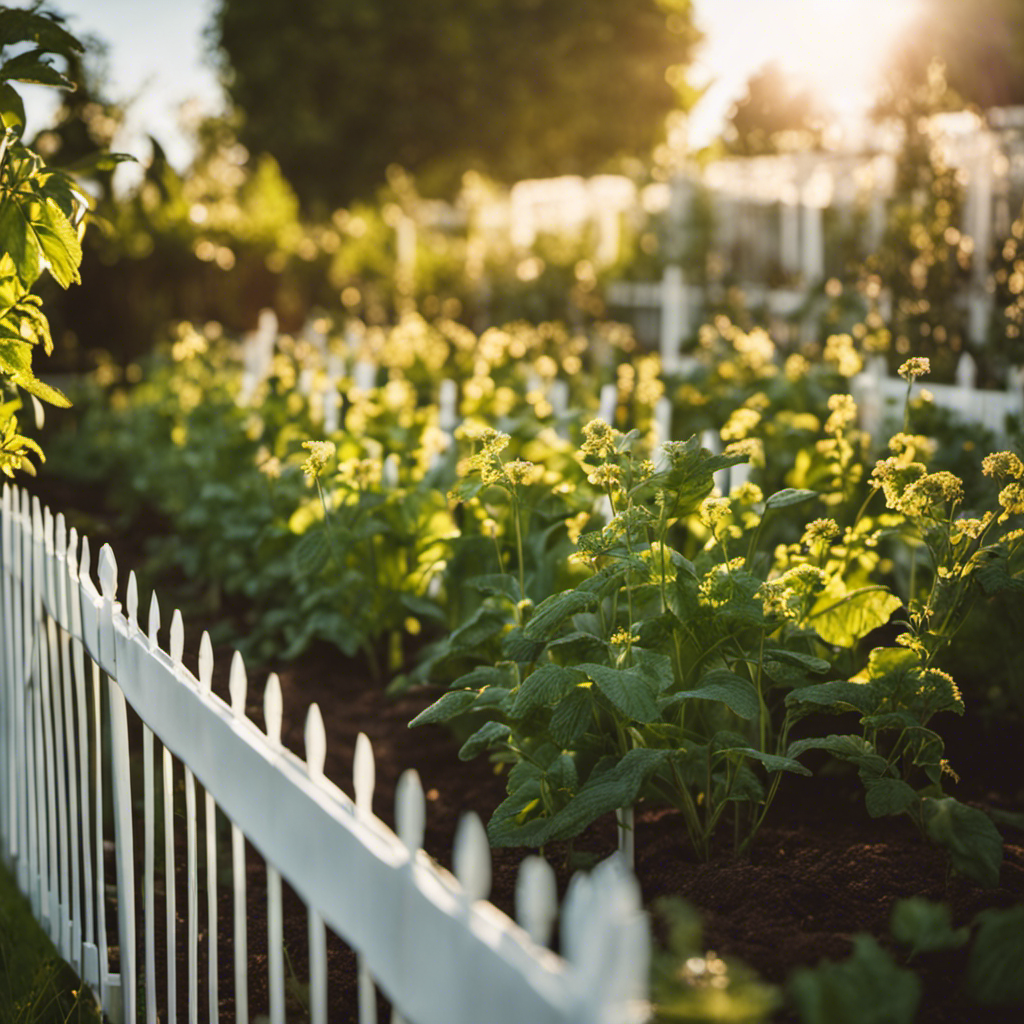 An image showcasing a lush vegetable garden protected by a charming white picket fence, draped with a delicate mesh netting