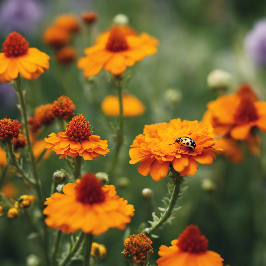 An image showcasing a lush organic garden where ladybugs, lacewings, and praying mantises team up to defend against pests