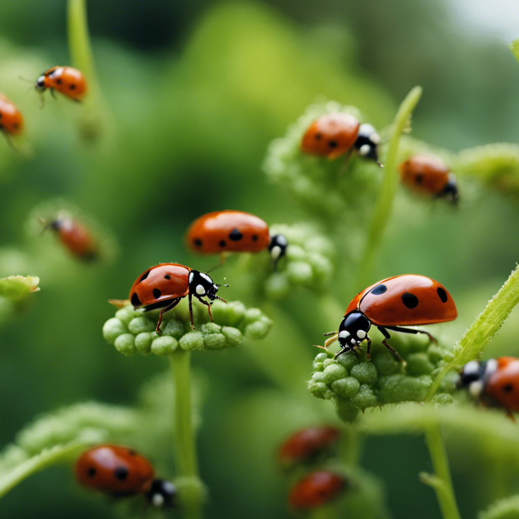 An image of a lush herb garden surrounded by ladybugs, lacewings, and praying mantises