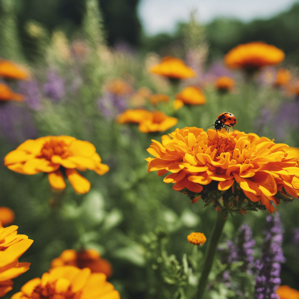 An image that showcases a lush herb garden surrounded by natural deterrents like marigolds, basil, and lavender