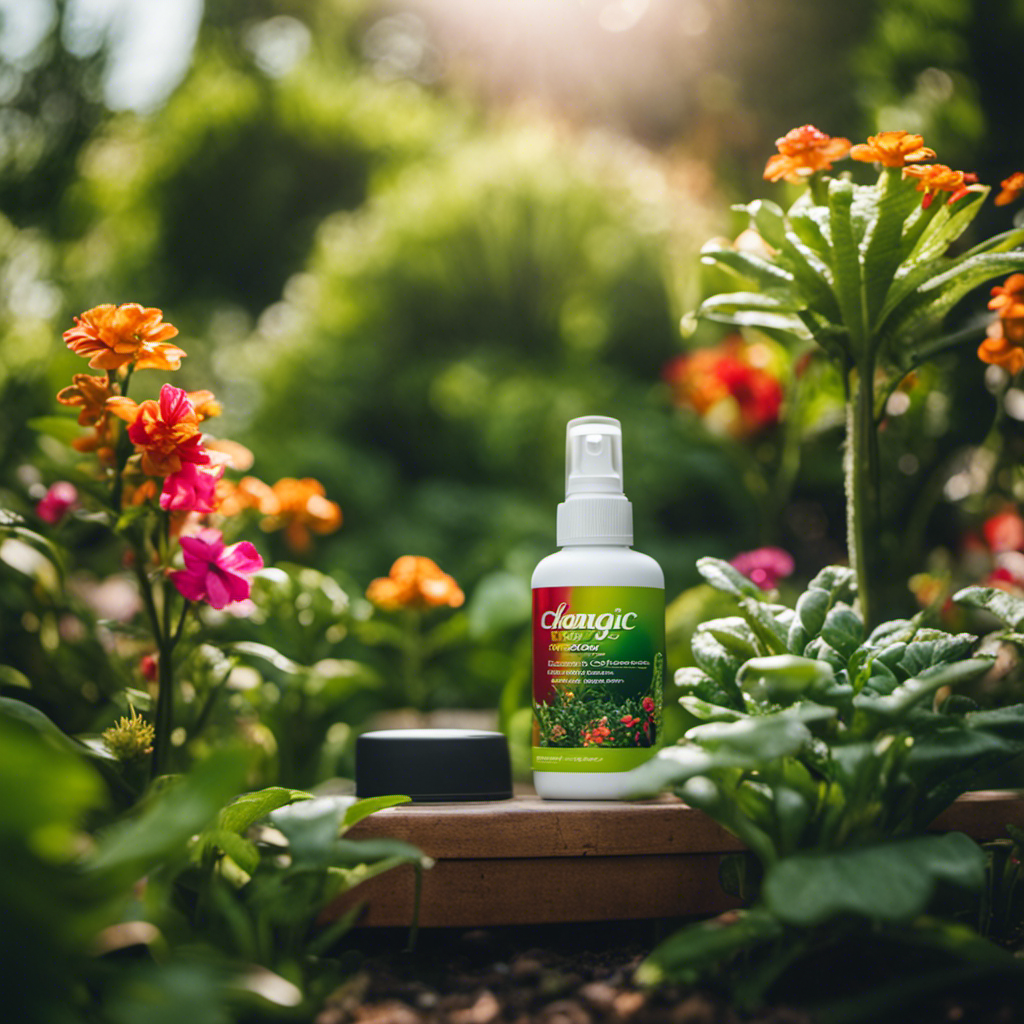 An image showcasing a lush garden oasis with vibrant, pest-free plants surrounded by a range of organic pest control sprays and solutions, highlighting their natural ingredients and effectiveness