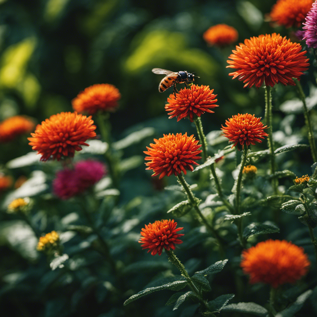 An image showcasing a lush garden teeming with vibrant flowers and buzzing with beneficial insects like ladybugs, bees, and butterflies