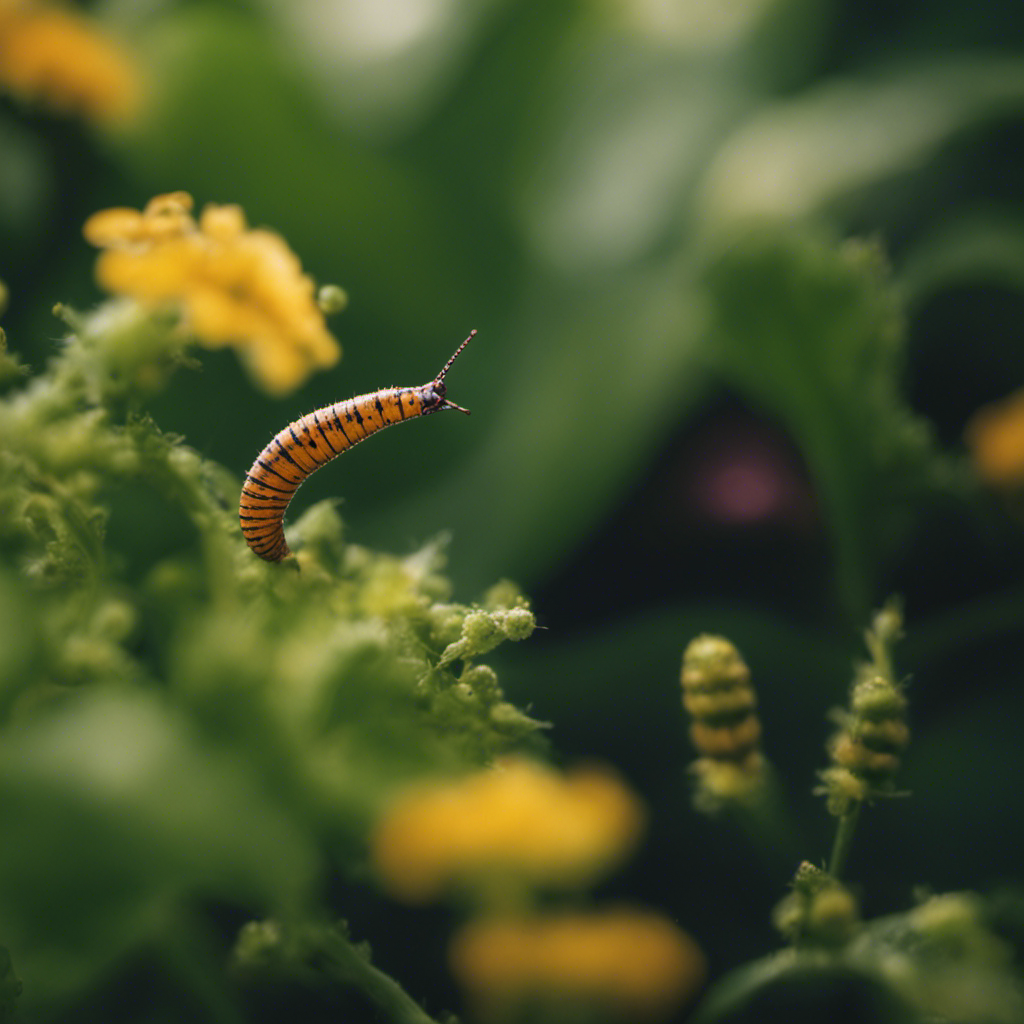 An image showcasing a lush garden scene with various pests like slugs, aphids, and caterpillars