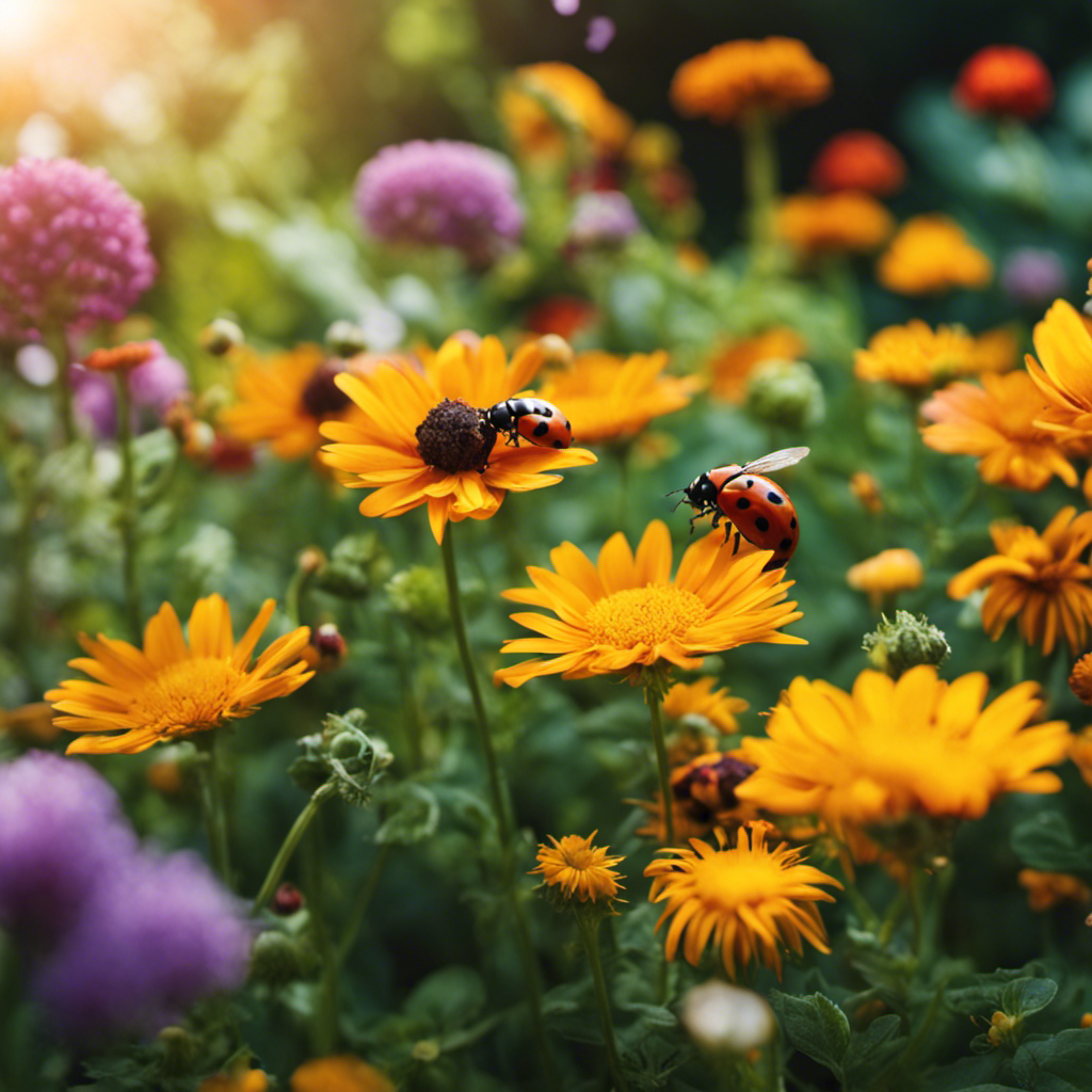 An image featuring a lush garden bursting with vibrant flowers and thriving vegetables, while ladybugs and bees hover nearby, showcasing a vibrant and diverse ecosystem that naturally repels pests