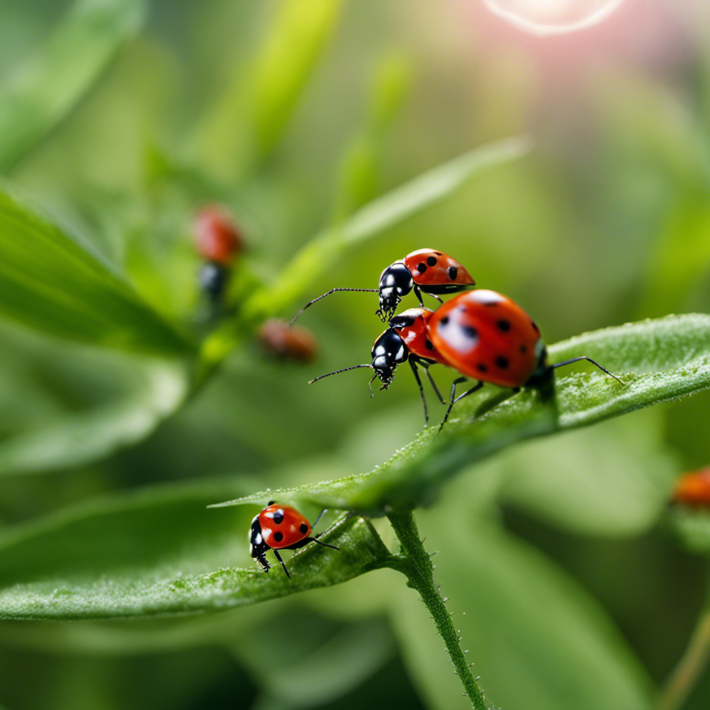 An image showcasing a lush garden scene teeming with ladybugs delicately devouring aphids, while lacewings hover nearby, and a praying mantis poised to strike, illustrating the power of natural predators in pest control