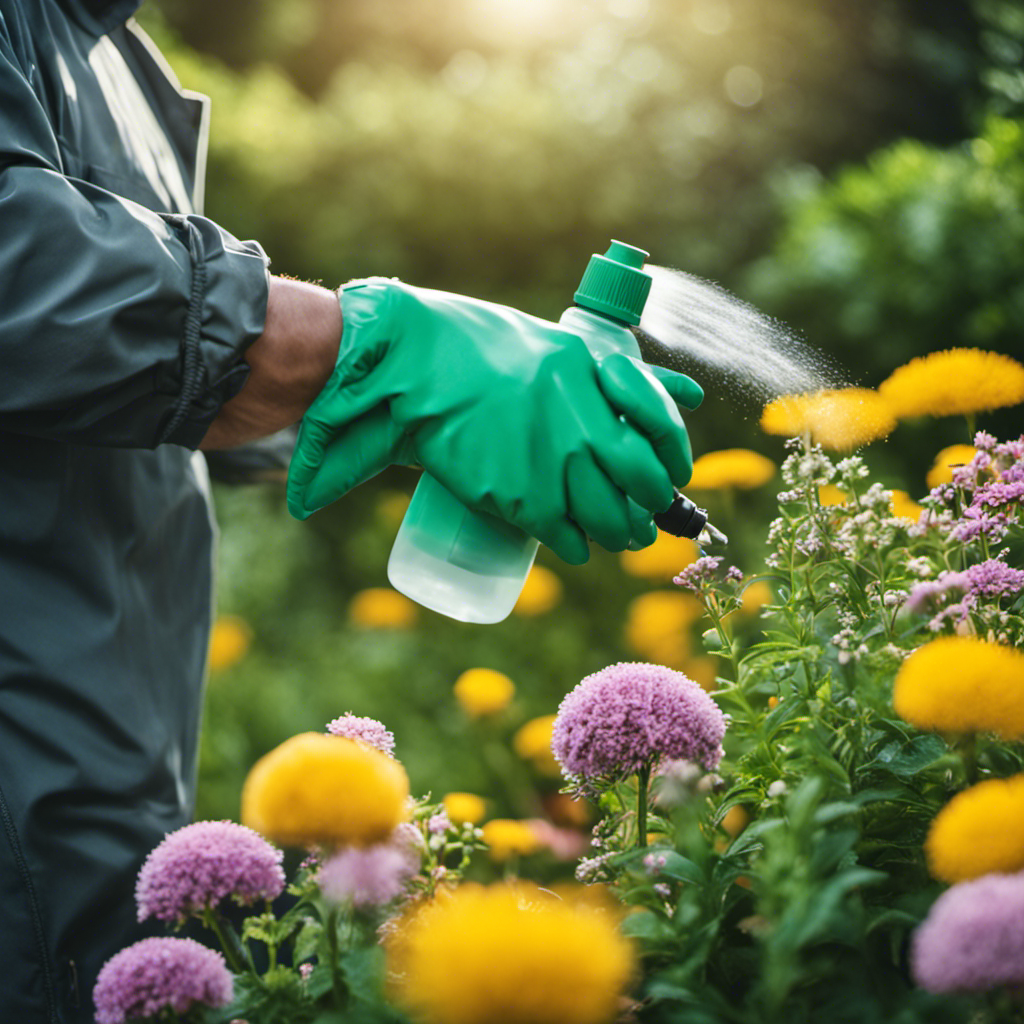 An image showcasing a gardener wearing gloves, gently spraying a lush garden with a homemade organic pest spray