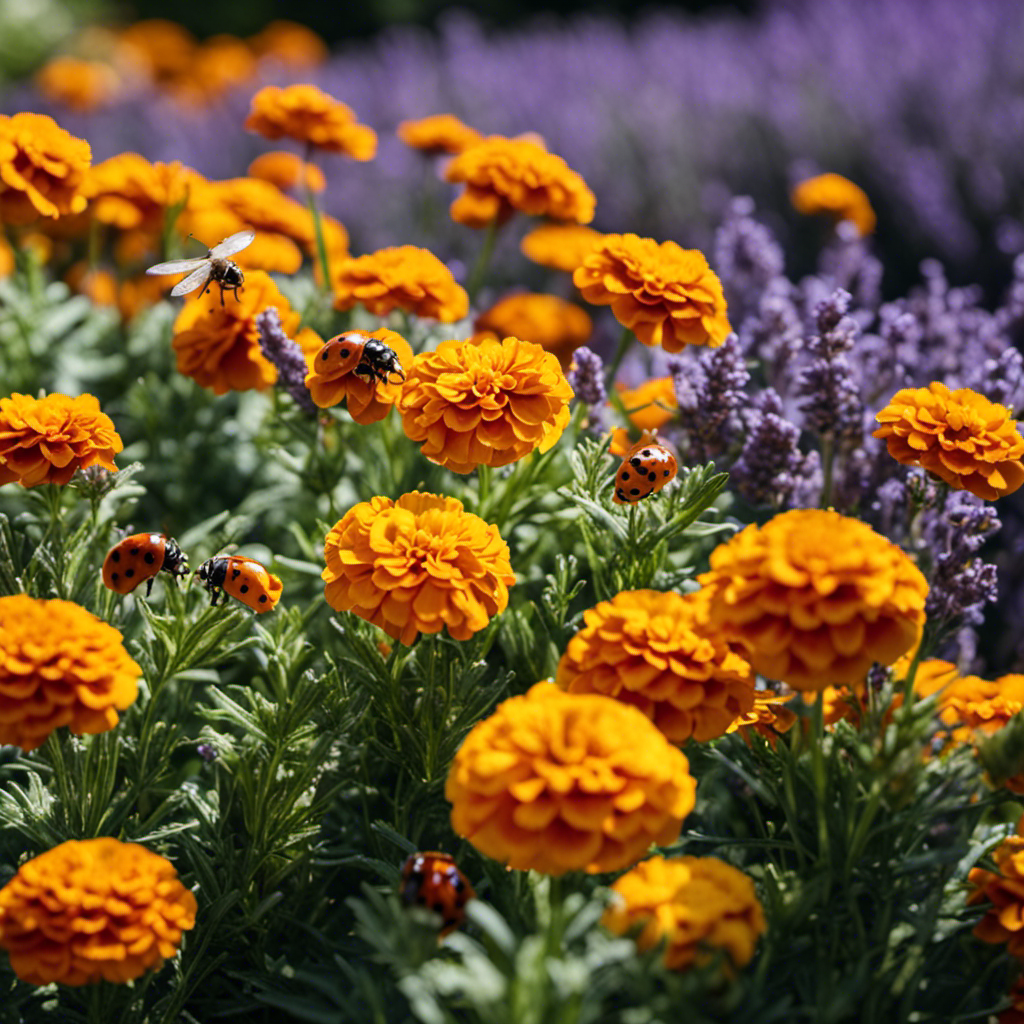 An image showcasing a lush garden bed filled with vibrant marigolds and fragrant lavender plants, surrounded by thriving vegetable plants