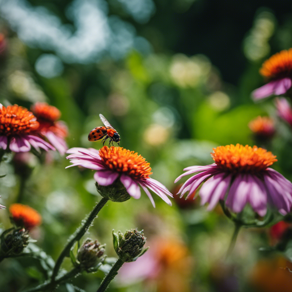 An image showcasing a lush garden, brimming with colorful flowers and vegetables, alive with ladybugs delicately perched on leaves, lacewings fluttering above, and bees diligently pollinating, exemplifying the power of beneficial insects in eco-friendly pest management