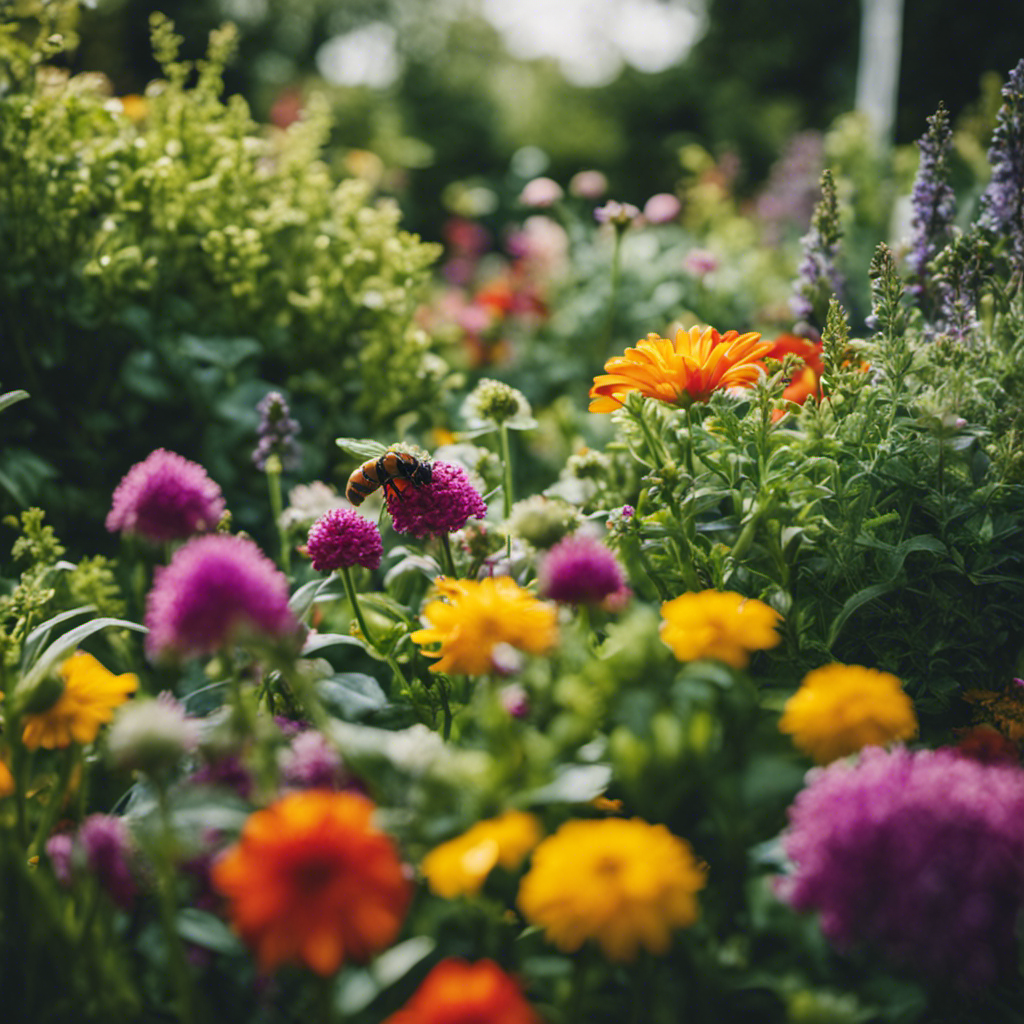 An image showcasing a lush garden filled with vibrant flowers, herbs, and vegetables, carefully intermingling to form a harmonious ecosystem