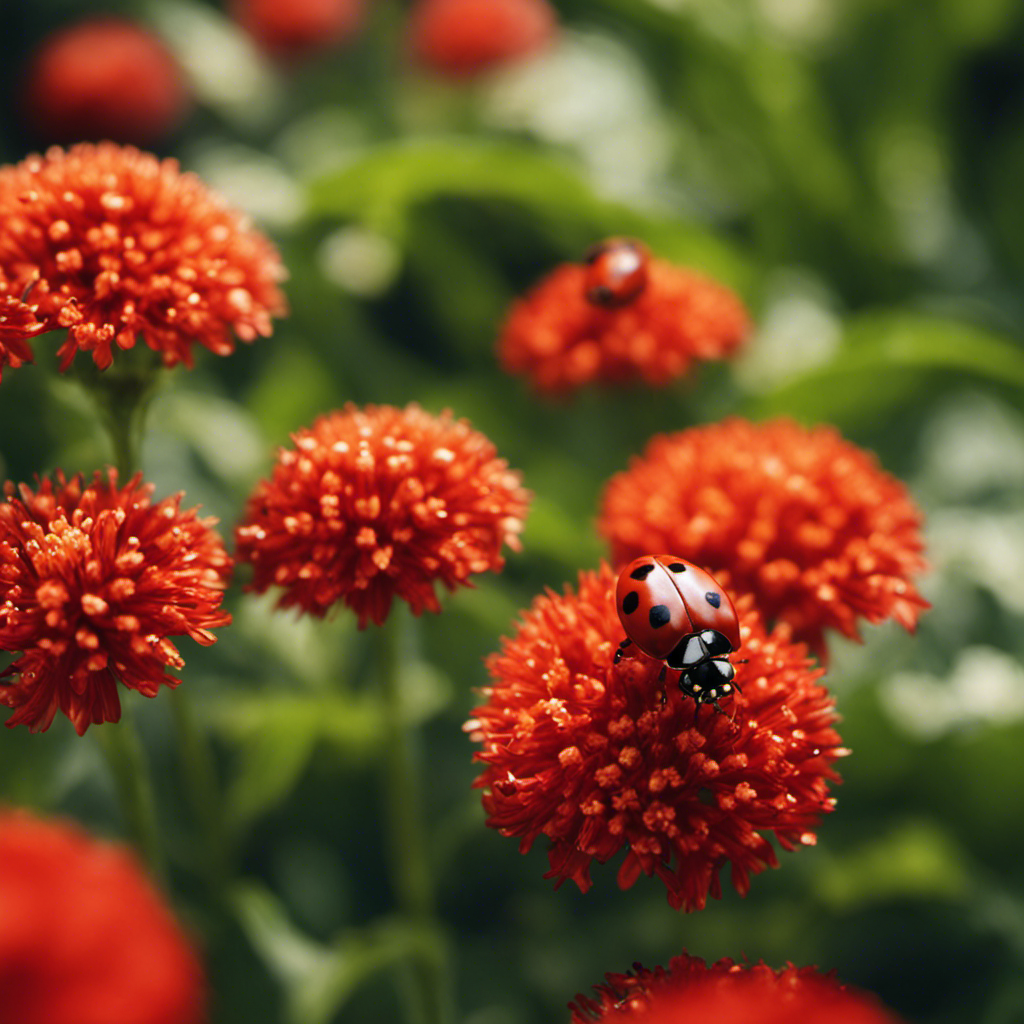 An image showcasing a vibrant garden scene, as ladybugs march forward, devouring aphids with their vibrant red shells